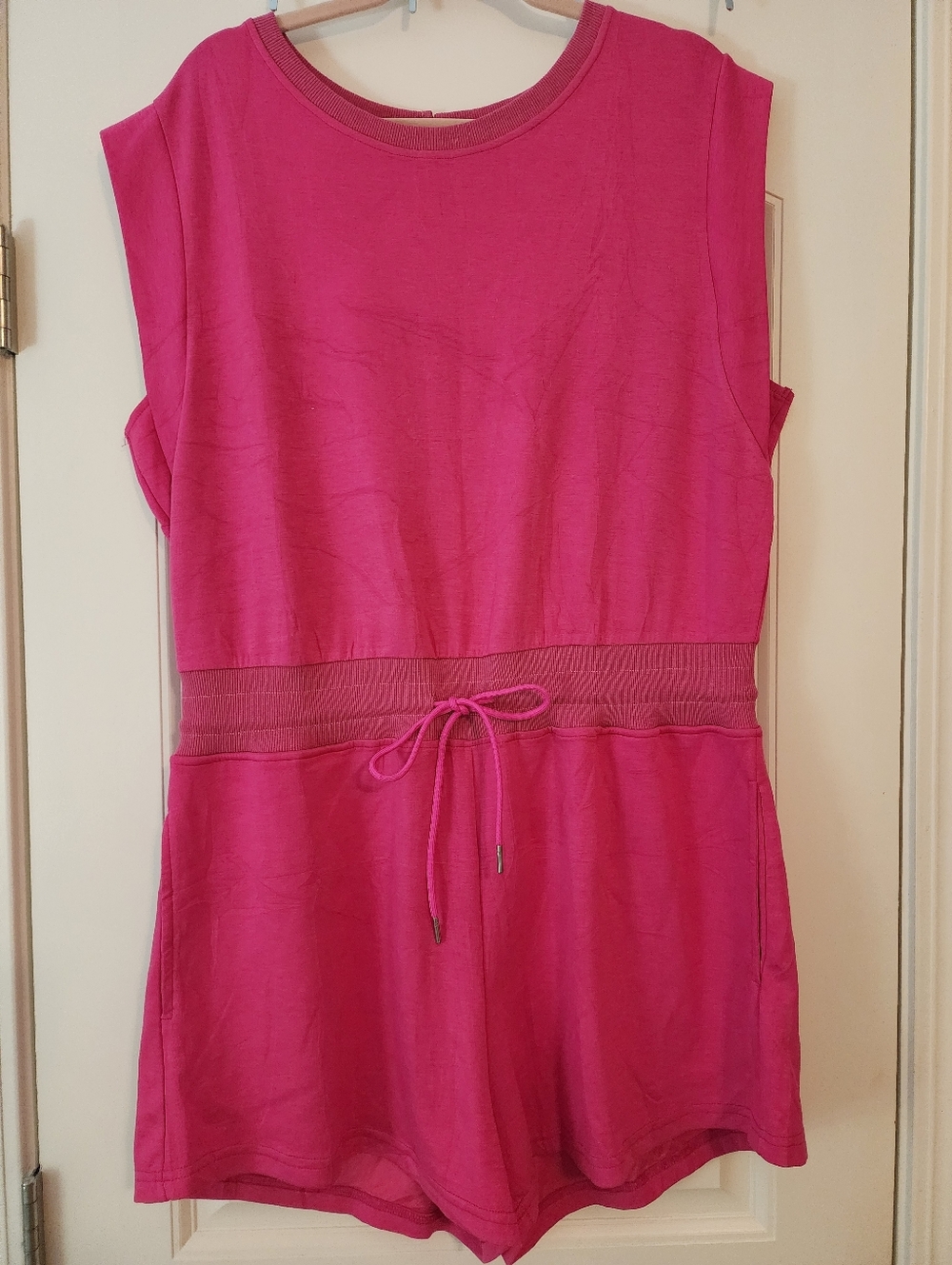 Ofeefan Barbie Pink Sleeveless Romper with Elastic Tie Waist Keyhole Back XL